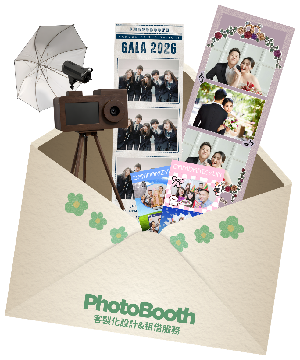 Photo Booth 客製化設計與租借服務：復古相機、畢業、婚禮及派對相框從信封中伸出